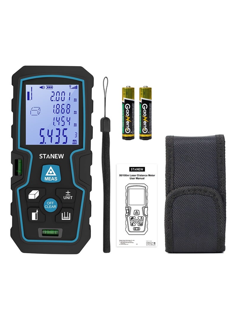 STANEW Laser Measure 100M,Digital Laser Distance Meter, Super Long Battery Life, M/in/Ft Unit Switching Backlit LCD and Pythagorean Mode, Measure Distance, Area and Volume