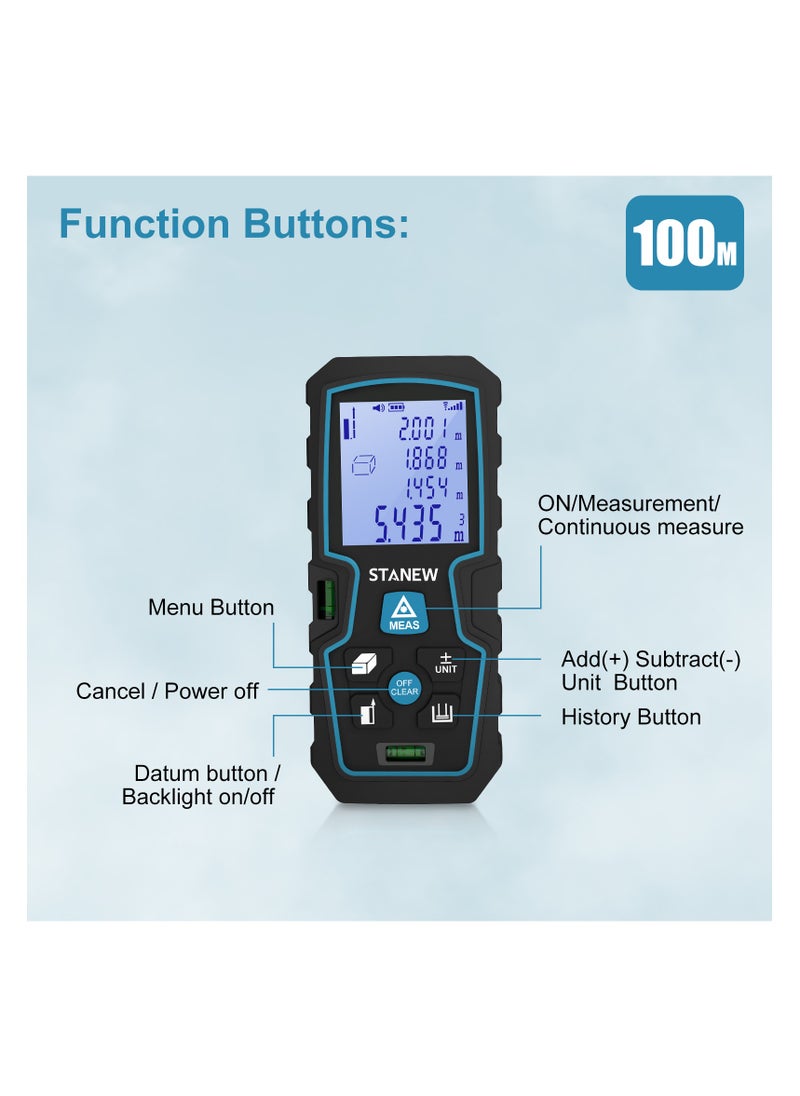 STANEW Laser Measure 100M,Digital Laser Distance Meter, Super Long Battery Life, M/in/Ft Unit Switching Backlit LCD and Pythagorean Mode, Measure Distance, Area and Volume