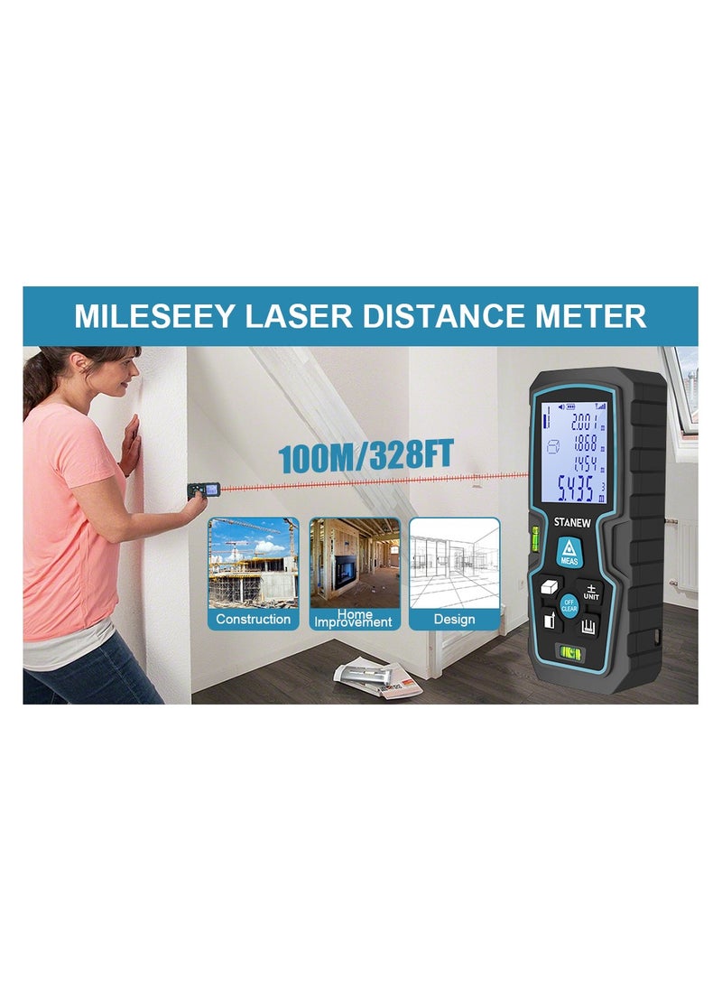 STANEW Laser Measure 100M,Digital Laser Distance Meter, Super Long Battery Life, M/in/Ft Unit Switching Backlit LCD and Pythagorean Mode, Measure Distance, Area and Volume