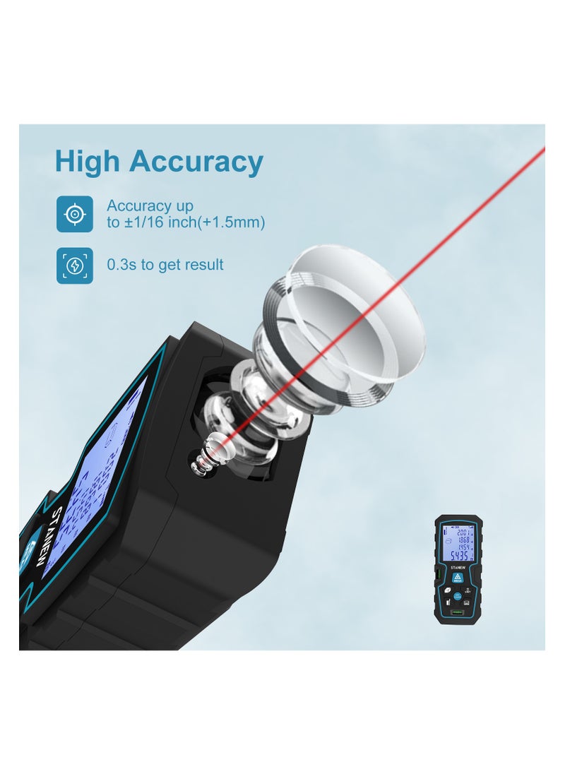 STANEW Laser Measure 100M,Digital Laser Distance Meter, Super Long Battery Life, M/in/Ft Unit Switching Backlit LCD and Pythagorean Mode, Measure Distance, Area and Volume