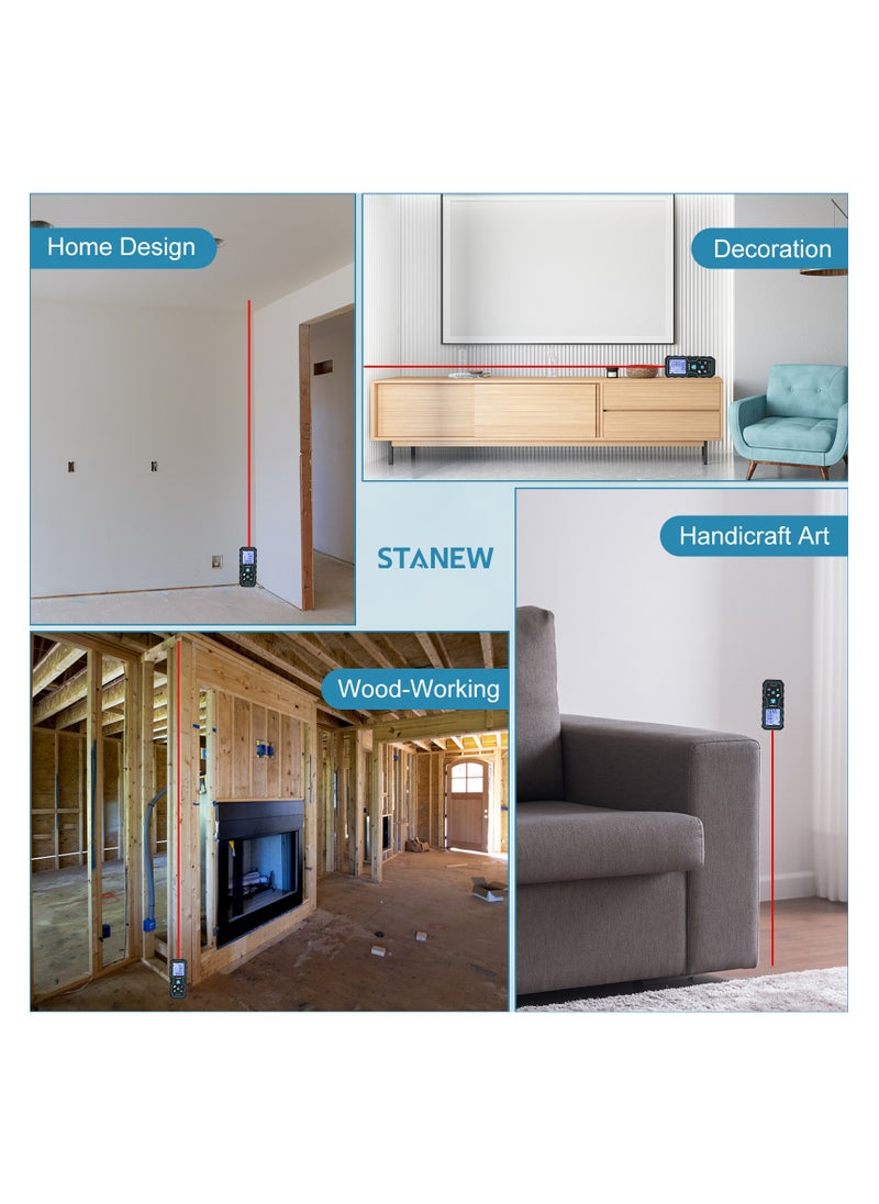 STANEW Laser Measure 100M,Digital Laser Distance Meter, Super Long Battery Life, M/in/Ft Unit Switching Backlit LCD and Pythagorean Mode, Measure Distance, Area and Volume