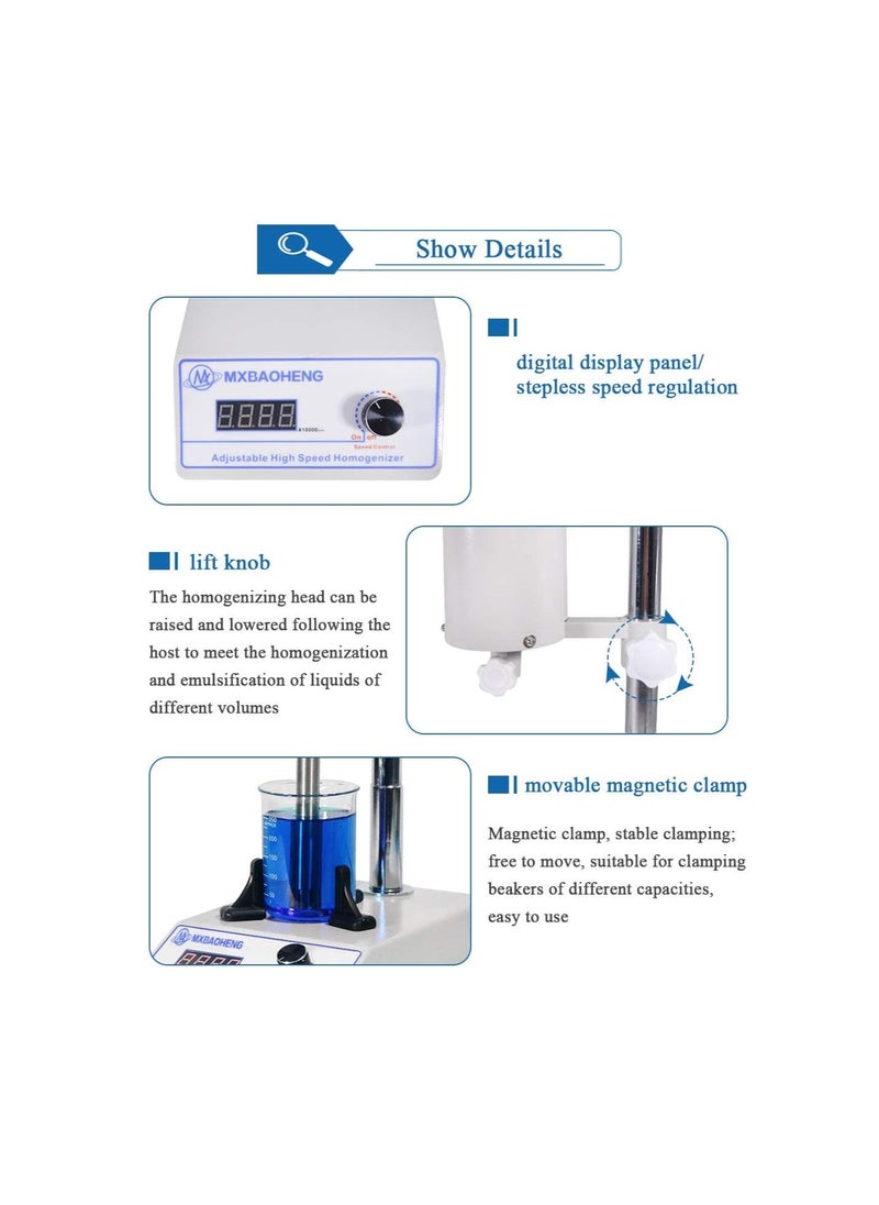 High Speed Homogenizer Lab Disperser Emulsifier 5~1000ml Speed Adjustable 6000~22000rpm w/ 2 Working Heads FSH-2A Updated Version (110V)