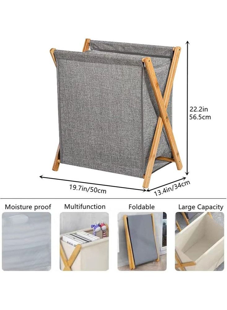 Natural Bamboo Wood Laundry Hamper Sorter Bin Waterproof Portable and Collapsible Folding Clothes Basket Storage with Removable Poly Cotton Liner Fabric Bag X Frame Design