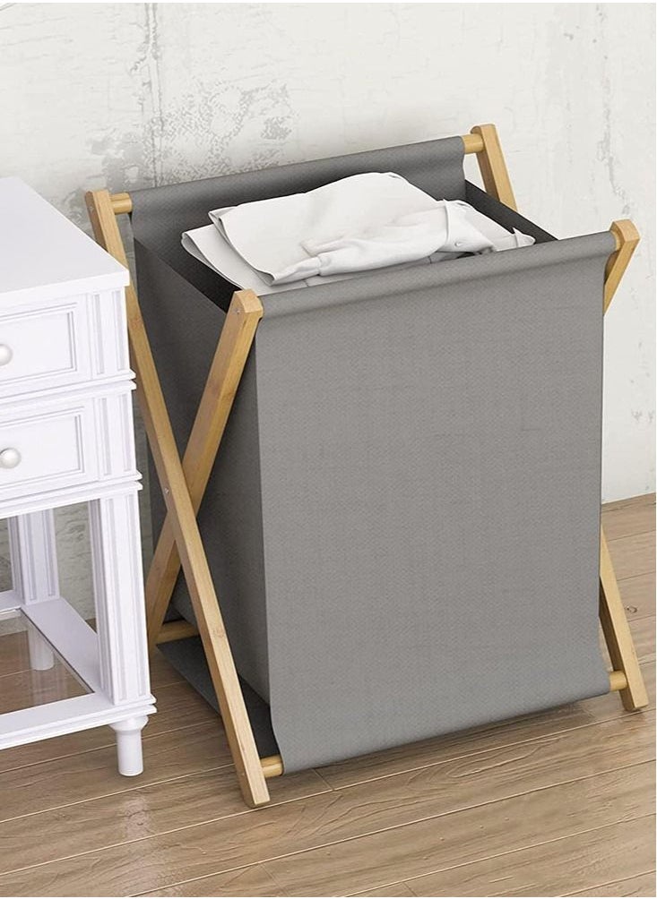 Natural Bamboo Wood Laundry Hamper Sorter Bin Waterproof Portable and Collapsible Folding Clothes Basket Storage with Removable Poly Cotton Liner Fabric Bag X Frame Design