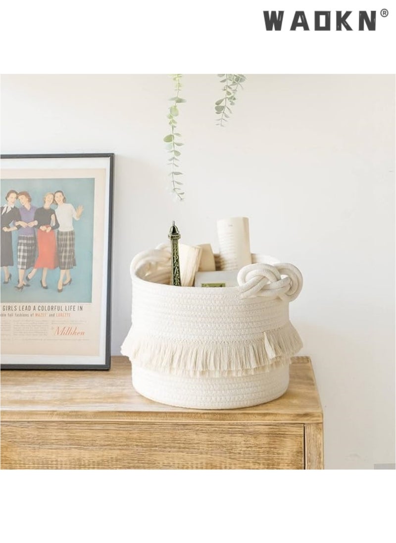 Small woven storage basket decorated with cotton and jute rope for diapers, blankets, magazines, and keys, cute tassel daycare decoration - home storage container -9.5 inches x 7 inches