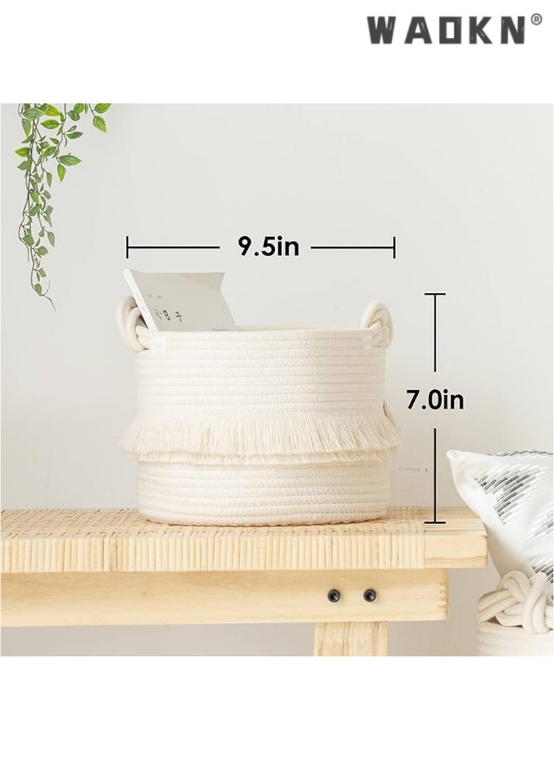 Small woven storage basket decorated with cotton and jute rope for diapers, blankets, magazines, and keys, cute tassel daycare decoration - home storage container -9.5 inches x 7 inches