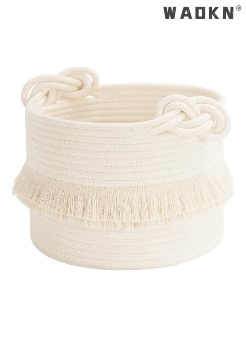 Small woven storage basket decorated with cotton and jute rope for diapers, blankets, magazines, and keys, cute tassel daycare decoration - home storage container -9.5 inches x 7 inches