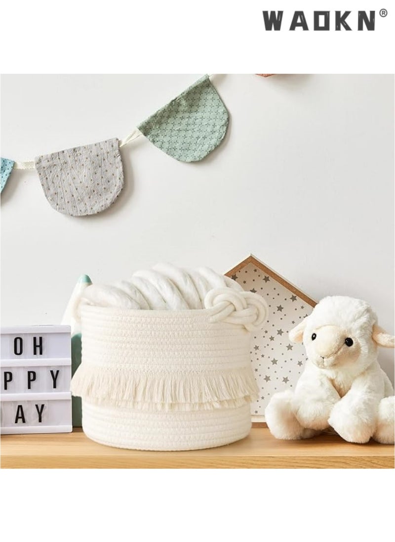 Small woven storage basket decorated with cotton and jute rope for diapers, blankets, magazines, and keys, cute tassel daycare decoration - home storage container -9.5 inches x 7 inches