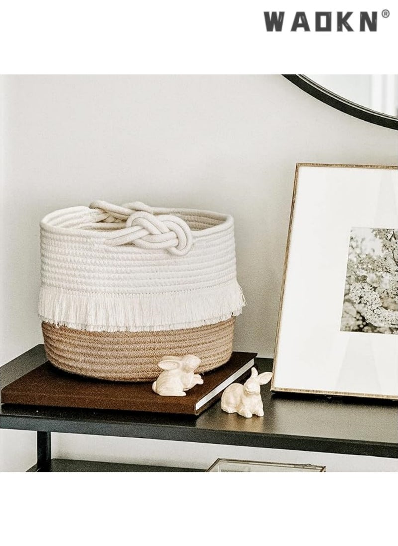 Small woven storage basket decorated with cotton and jute rope for diapers, blankets, magazines, and keys, cute tassel daycare decoration - home storage container -9.5 inches x 7 inches