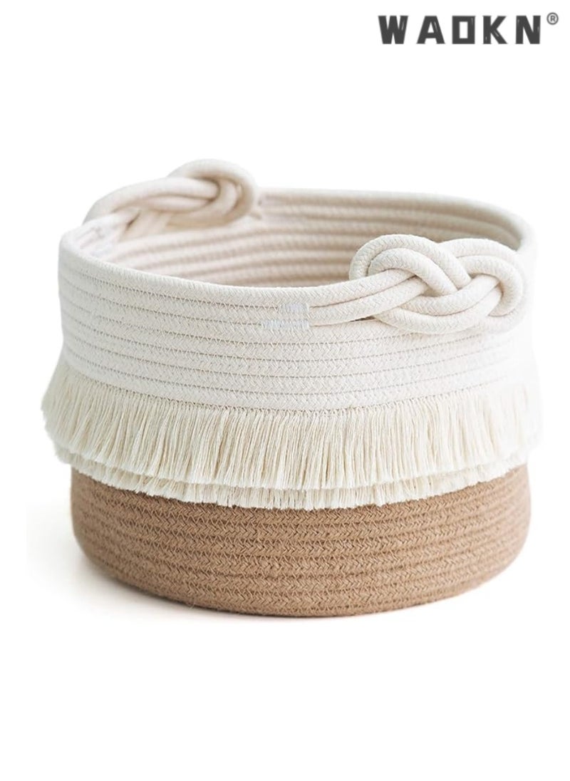 Small woven storage basket decorated with cotton and jute rope for diapers, blankets, magazines, and keys, cute tassel daycare decoration - home storage container -9.5 inches x 7 inches