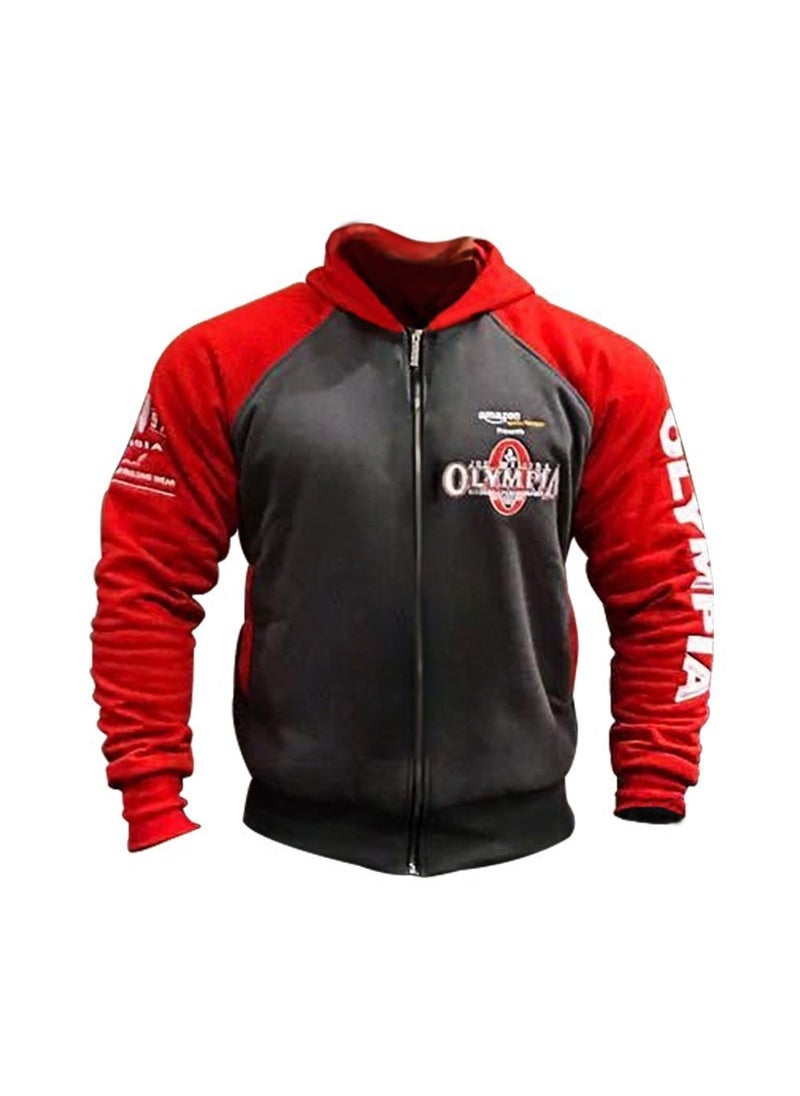 Muscle Fitness Hoodie Mens Casual Sportswear Autumn Winter Gray Red Zipper shirt