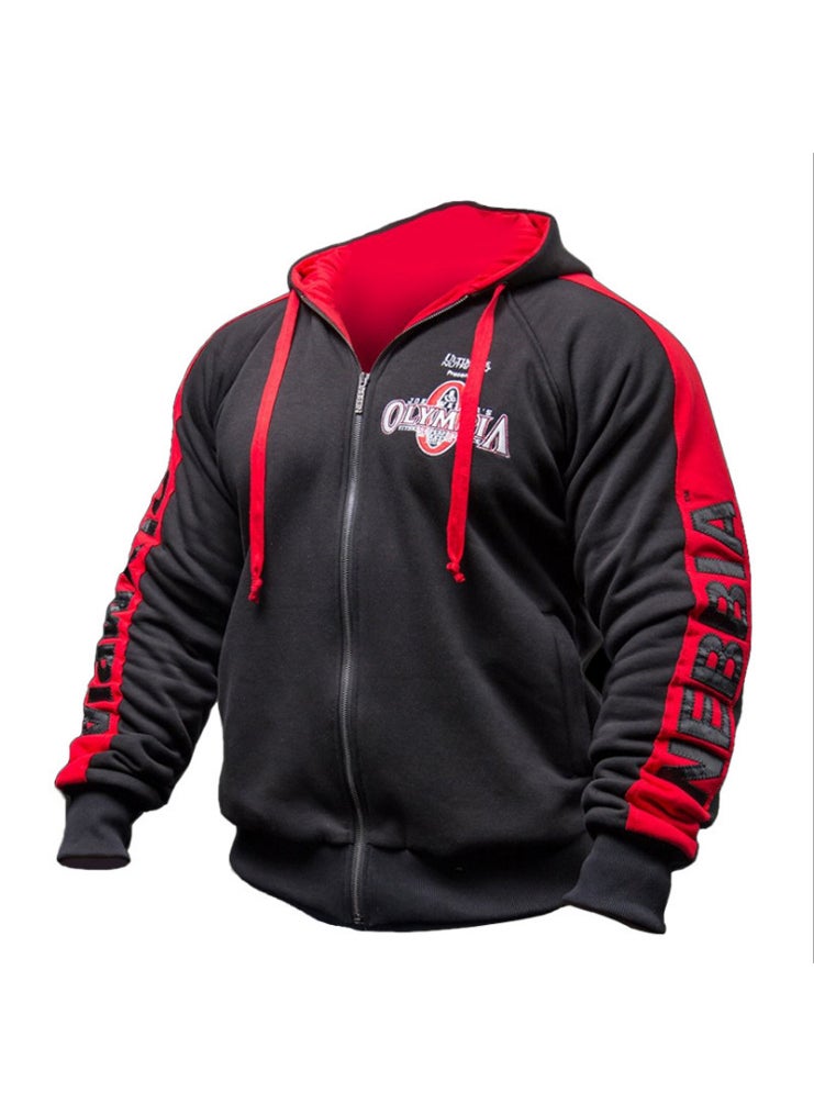 Muscle Fitness Hoodie Mens Casual Sportswear Autumn Winter Black and Red Zipper shirt