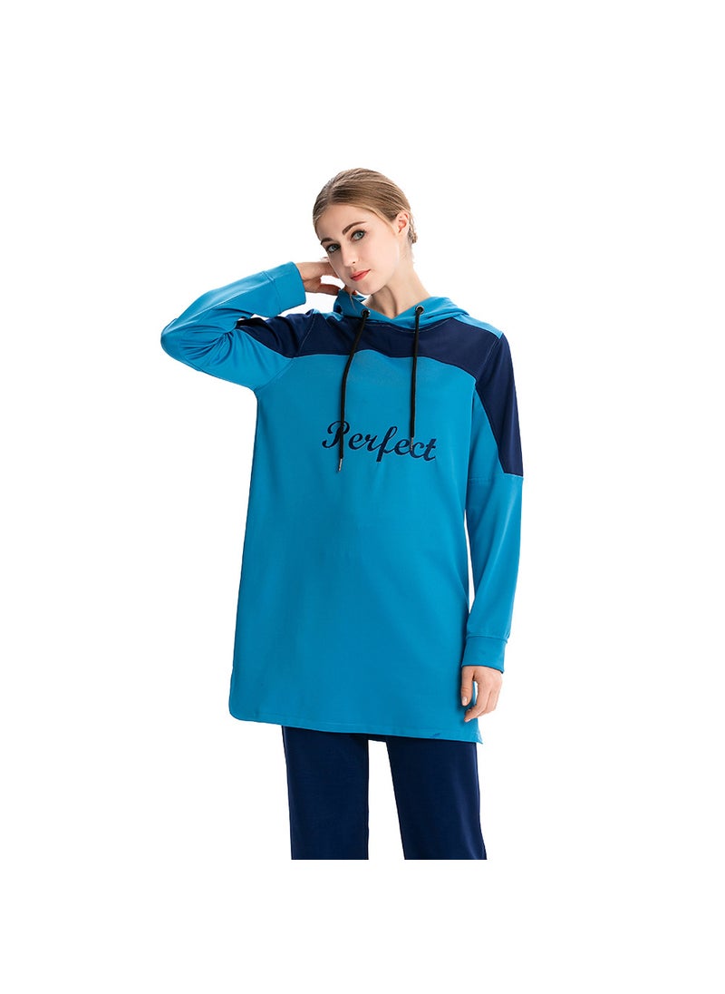 M-3XL Color Block Hoodie Muslim Sportswear Blue