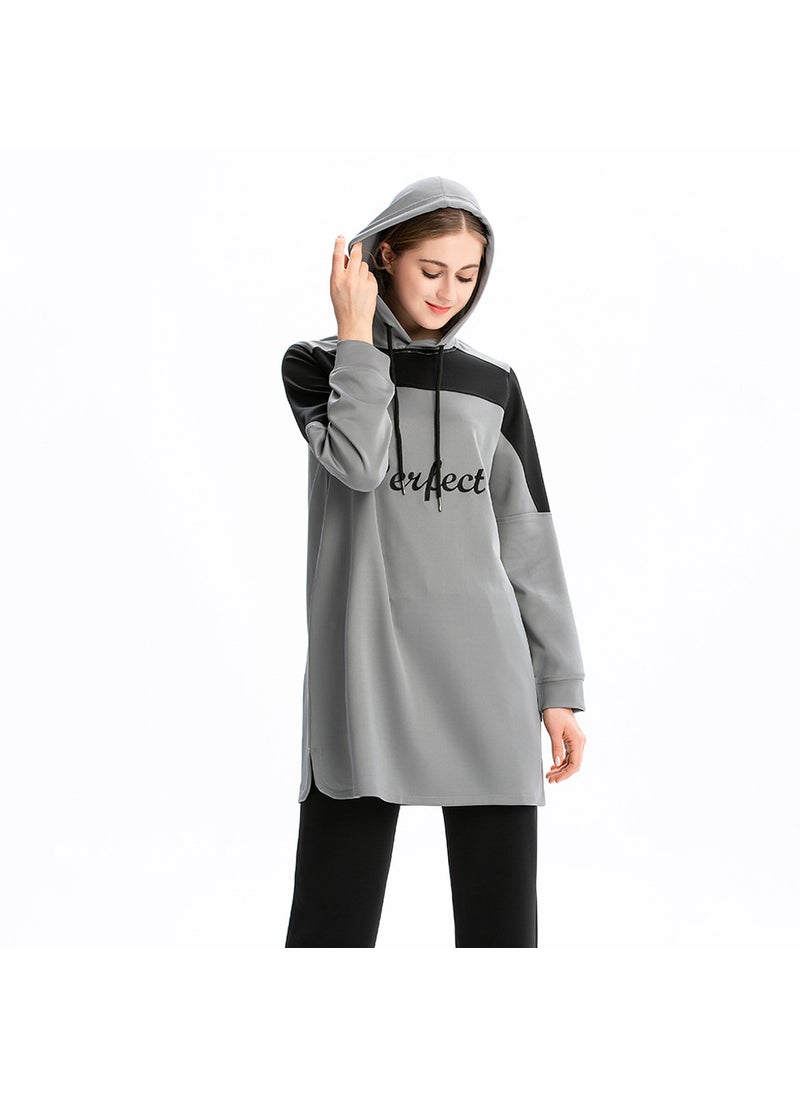 M-3XL Color Block Hoodie Muslim Sportswear Grey