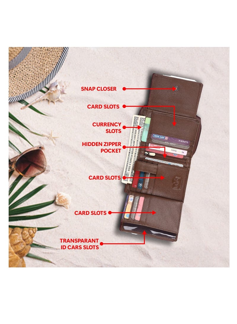 wallet for women - Leather Ladies Wallet -Brushwood - 14 Card Slots - RFID Protection - 3 ID Card Slots - Women's Wallet -Button Closure -Hand Wallet- Daily Use, Money Purse | LW_5003MH | LRSK