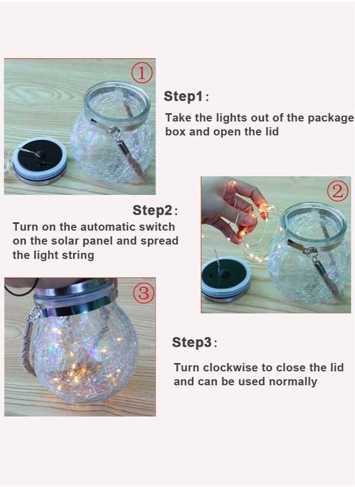 Set of 2 Solar Jar Lights with Crack Glass Design for Waterproof Outdoor Decorations in Yard Garden Patio and Wedding