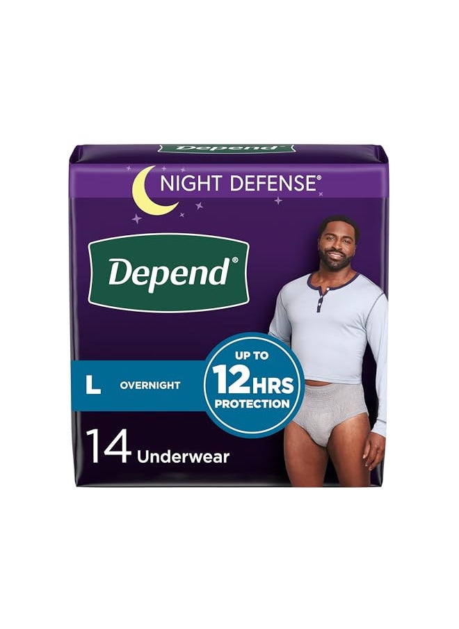 Depend Night Defense Adult Incontinence Underwear for Men, Disposable, Overnight, Large, Grey, 14 Count, Packaging May Vary