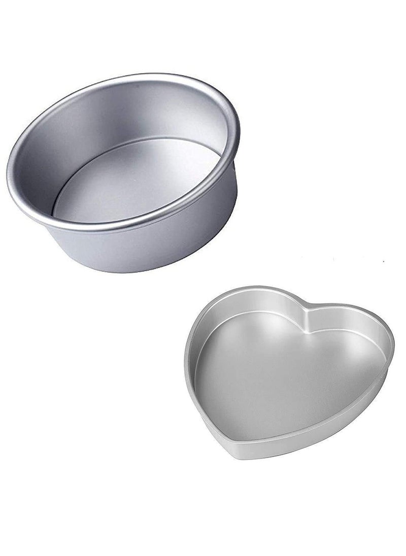 Aluminium Heart Shape Cake Mould 7 Inch & Aluminium Round Shape Cake Mould 7 Inch -Set Of 2, Silver