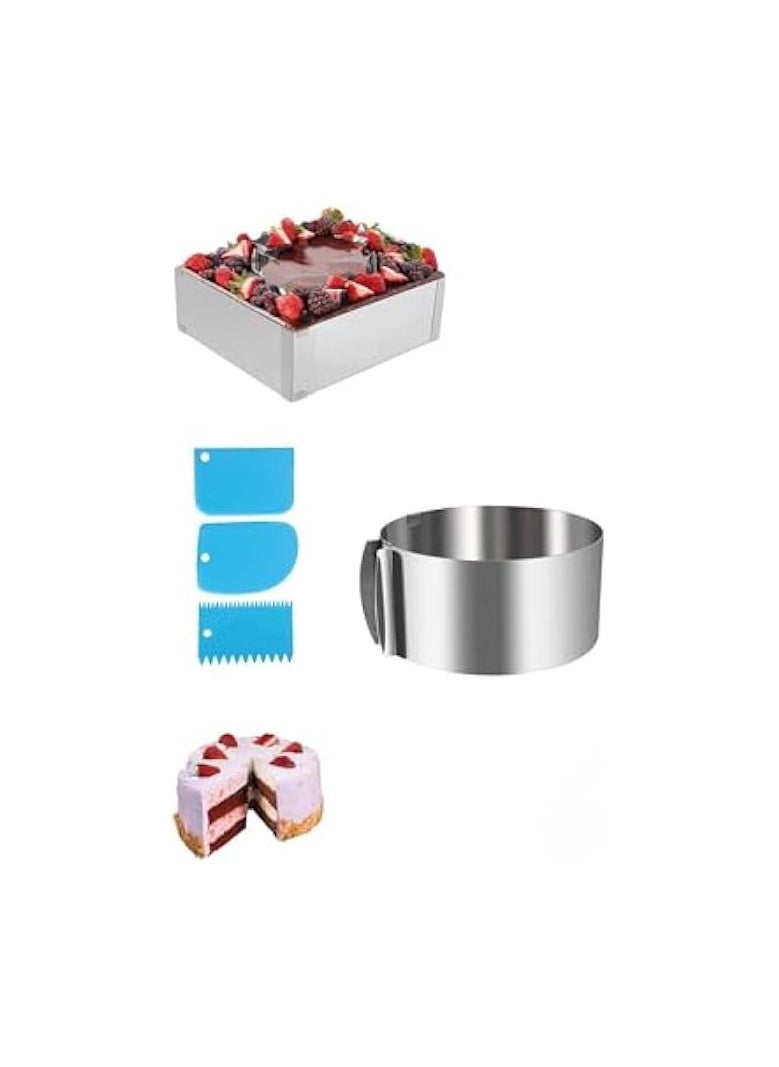 Adjustable Stainless Steel Cake Ring Mould Set for Baking & Cooking - Round and Rectangular, 6-12 inch Sizes - Leak-Proof Design - Ideal for Crumpets, Eggs, Pastry, Mousse & Desserts