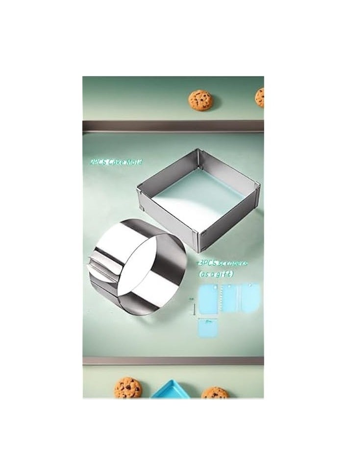 Adjustable Stainless Steel Cake Ring Mould Set for Baking & Cooking - Round and Rectangular, 6-12 inch Sizes - Leak-Proof Design - Ideal for Crumpets, Eggs, Pastry, Mousse & Desserts