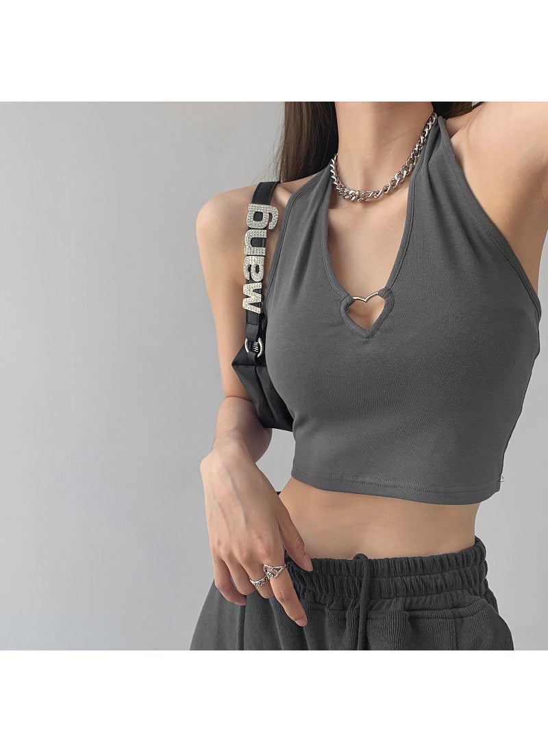 1 x 5 pcs New Chic Hollow-Out Heart Halter Crop Top Dark gray