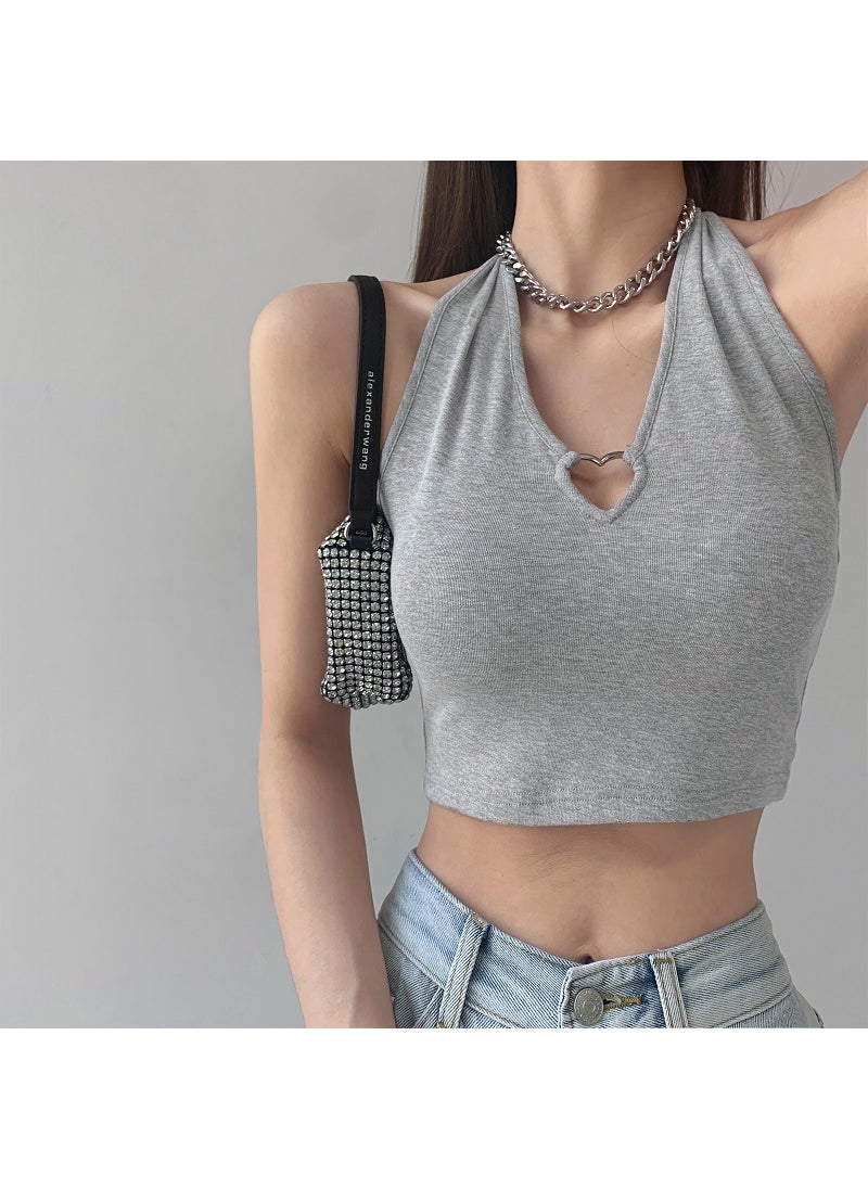 1 x 5 pcs New Chic Hollow-Out Heart Halter Crop Top Light gray