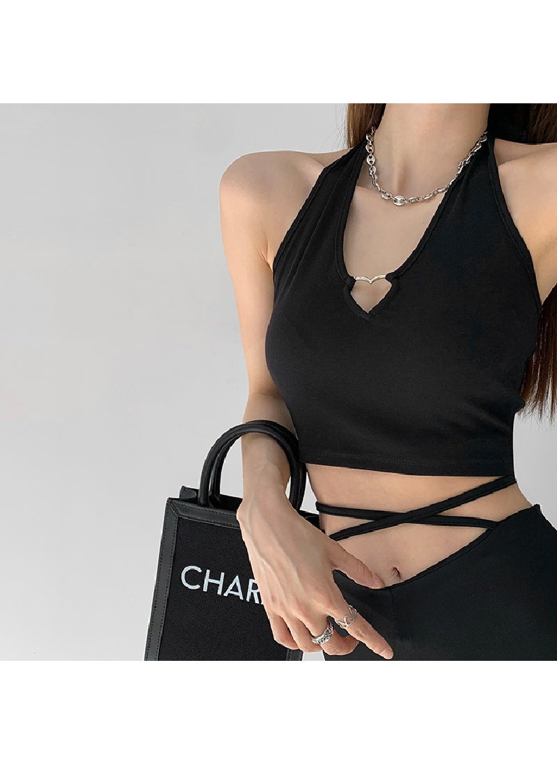 1 x 5 pcs New Chic Hollow-Out Heart Halter Crop Top Black