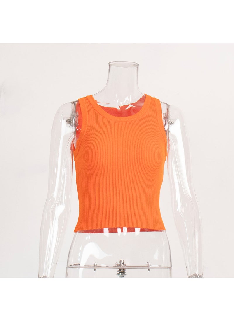 Cross-border Knitted Vest Womens European and American 2024 Summer Solid Color Slim-fit Threaded Inner Top Short Y2K Vest Orange