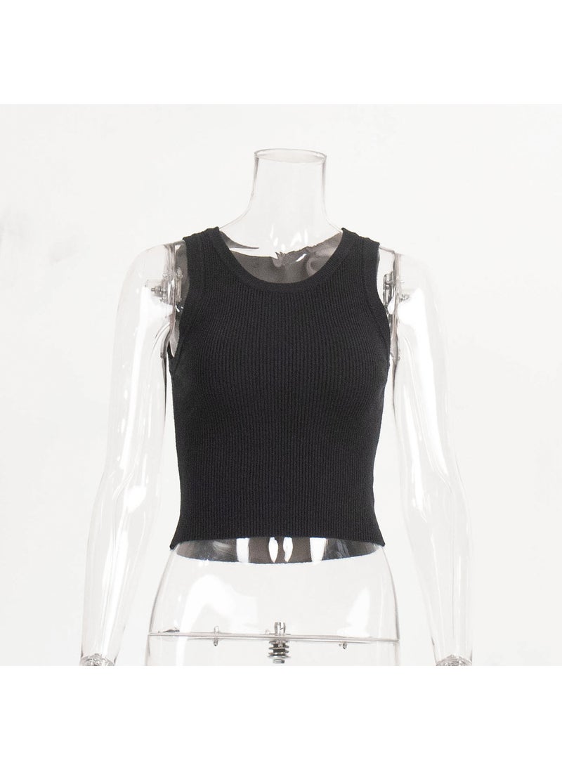 Cross-border Knitted Vest Womens European and American 2024 Summer Solid Color Slim-fit Threaded Inner Top Short Y2K Vest Black