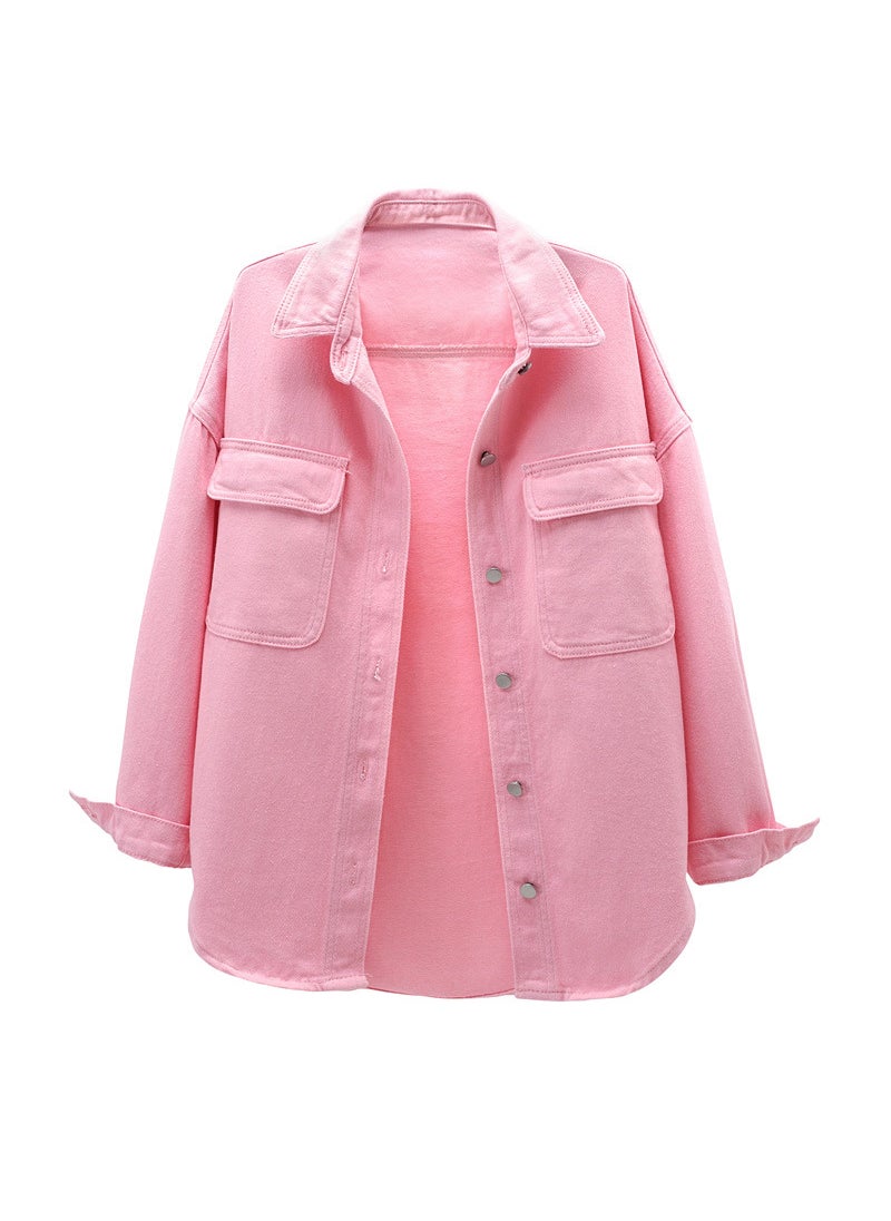 2024 Autumn Loose Denim Shirt Womens Large Pocket Design Pink