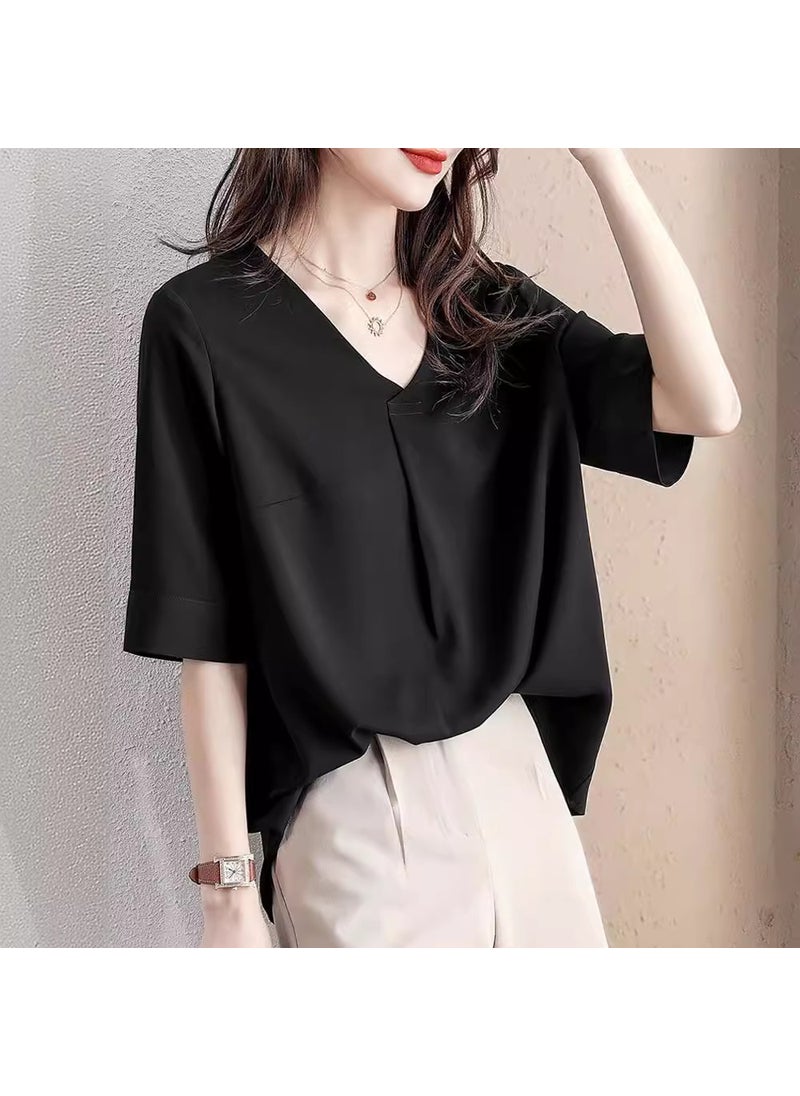 V-neck short-sleeved chiffon shirt for women 2024 Summer new Korean style draping loose cropped shirt sleeve blouse ins White