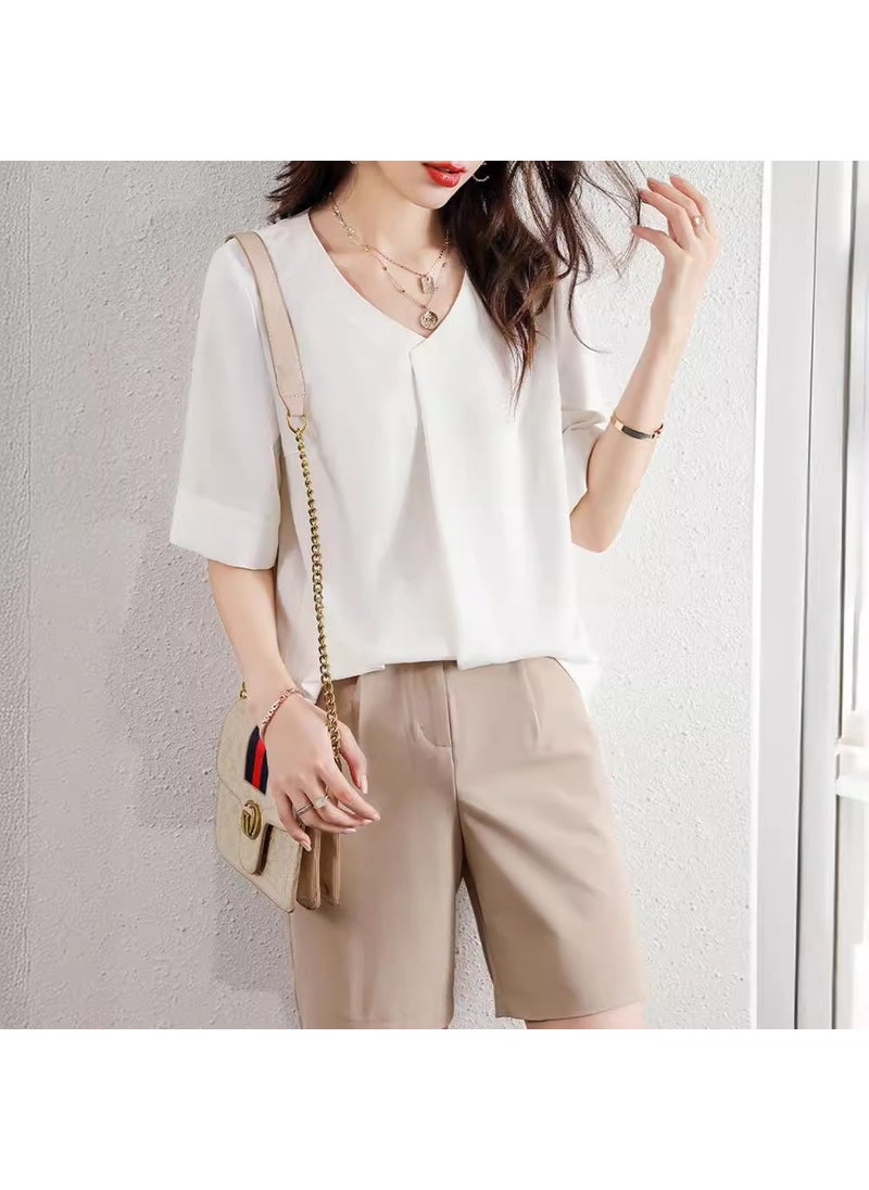 V-neck short-sleeved chiffon shirt for women 2024 Summer new Korean style draping loose cropped shirt sleeve blouse ins Black