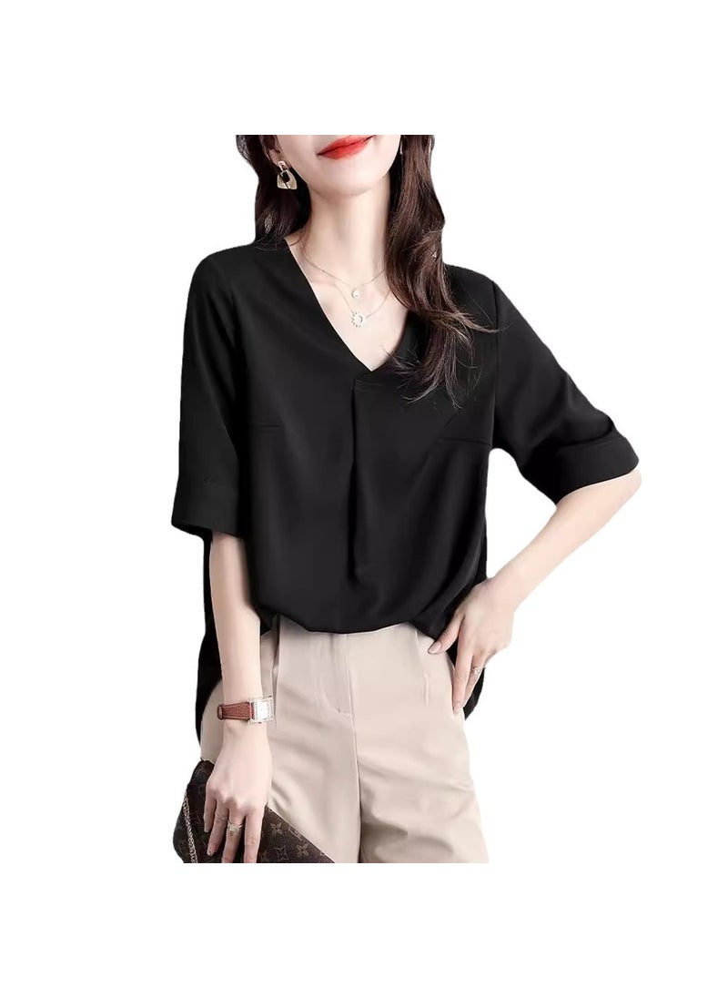 V-neck short-sleeved chiffon shirt for women 2024 Summer new Korean style draping loose cropped shirt sleeve blouse ins Black