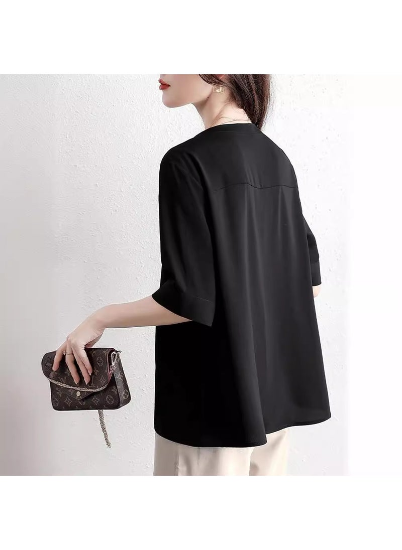 V-neck short-sleeved chiffon shirt for women 2024 Summer new Korean style draping loose cropped shirt sleeve blouse ins Black