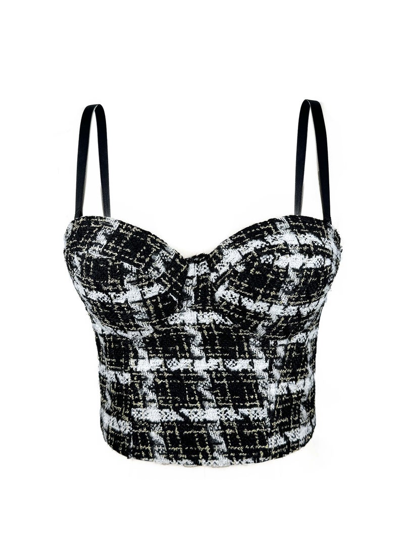 Houndstooth Cami Vest Chic Cropped Woolen Fashion Top Black