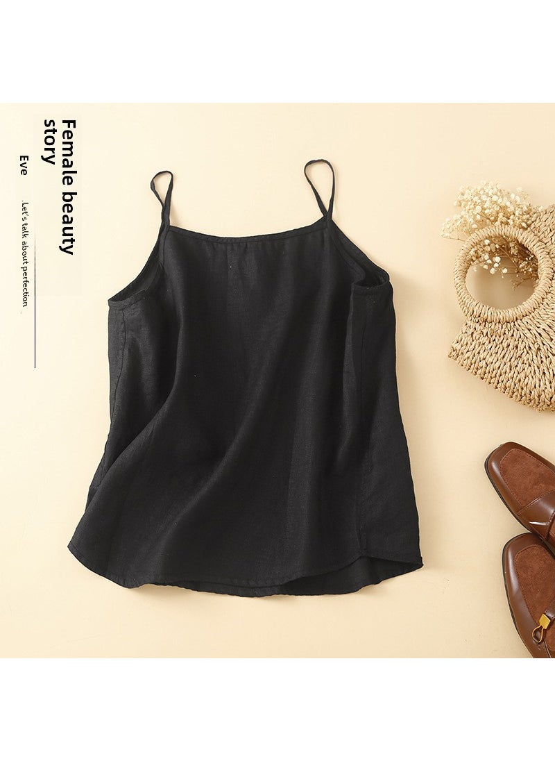 Retro Solid Linen Dual-Wear Camisole Top Black