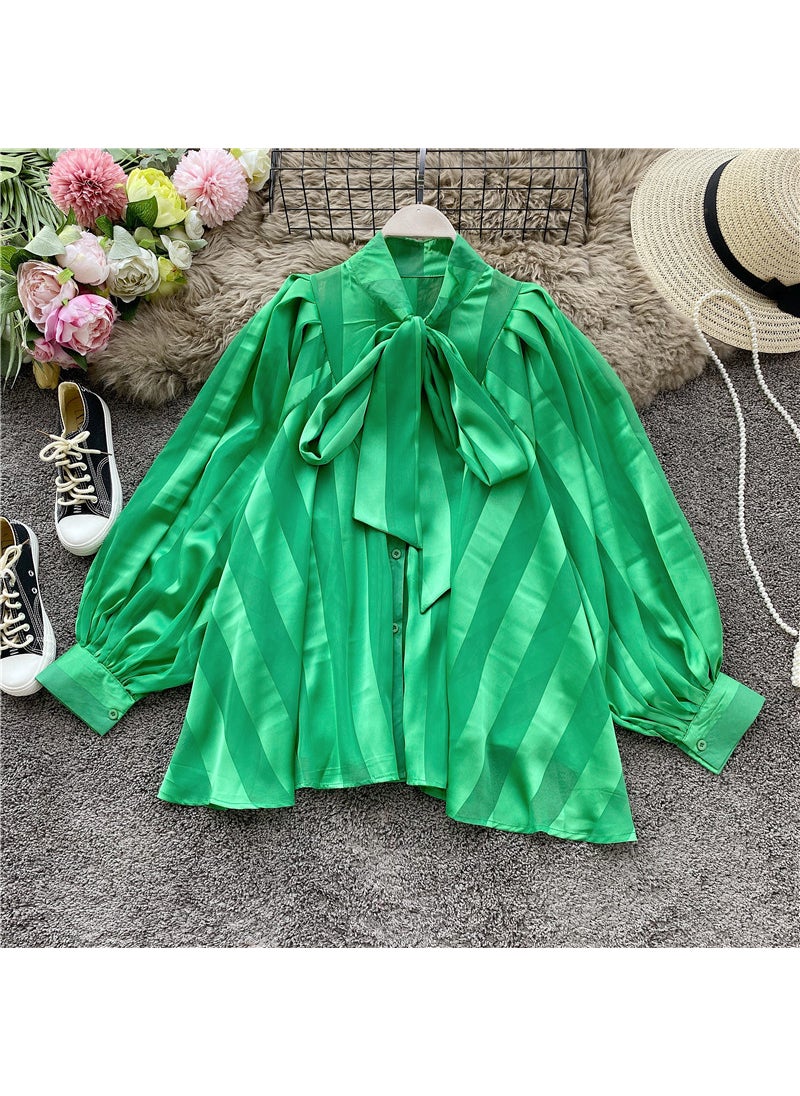 1 x 5 pcs Elegant Butterfly Knot Blouse with Lantern Sleeves for Women Black