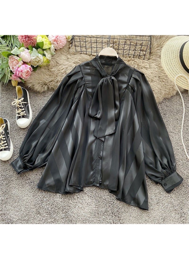 1 x 5 pcs Elegant Butterfly Knot Blouse with Lantern Sleeves for Women Black