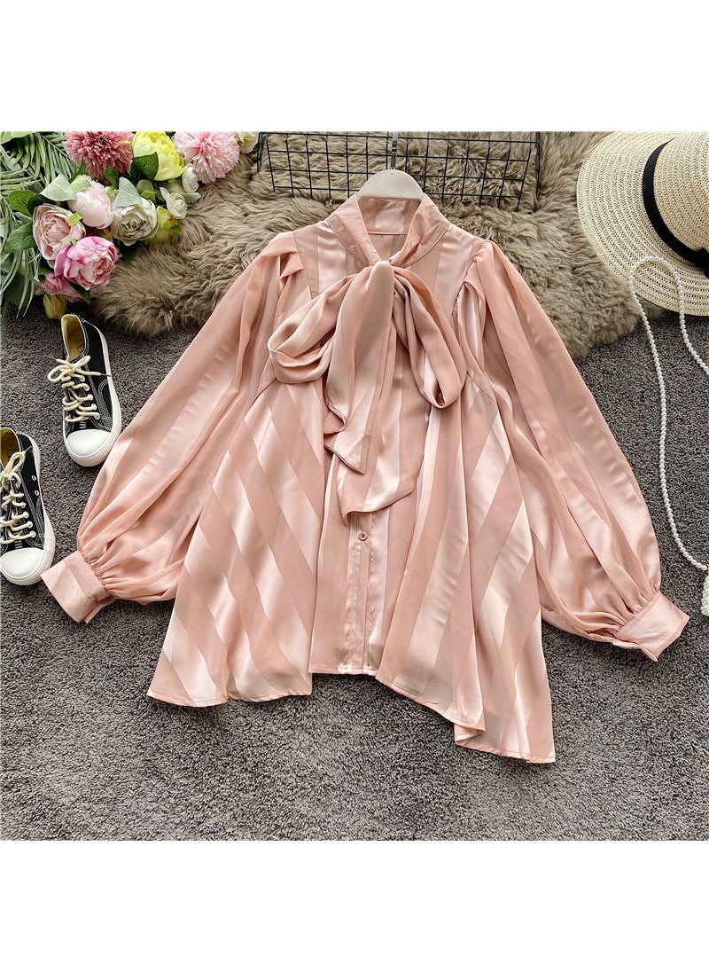 1 x 5 pcs Elegant Butterfly Knot Blouse with Lantern Sleeves for Women Black