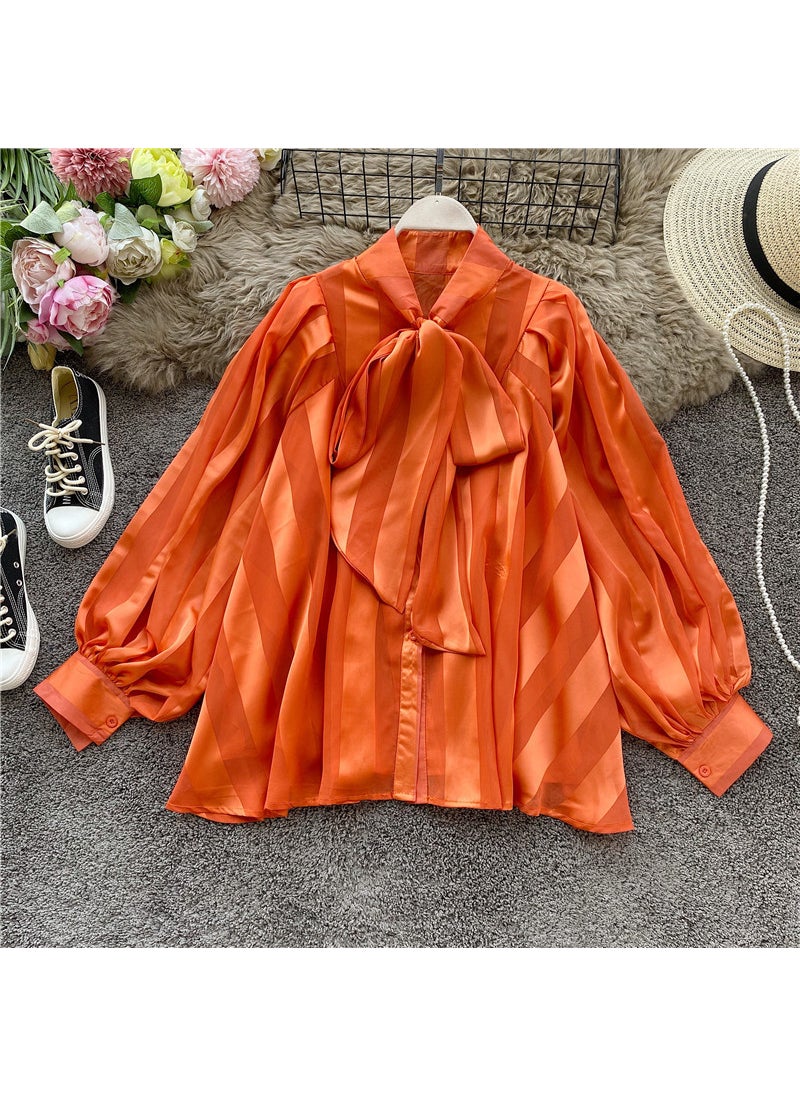 1 x 5 pcs Elegant Butterfly Knot Blouse with Lantern Sleeves for Women Orange Red