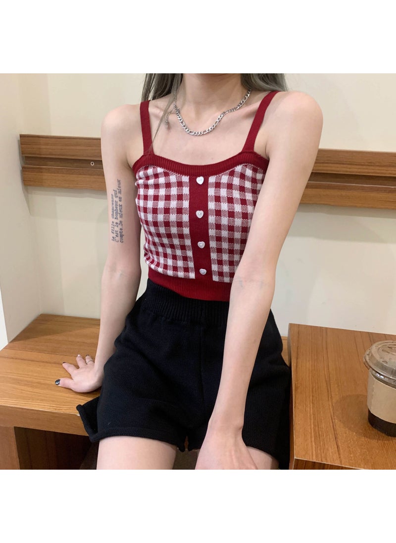 1 x 5 pcs Chic Plaid French Knit Camisole 2024 New Slim-fit Crop Wine red