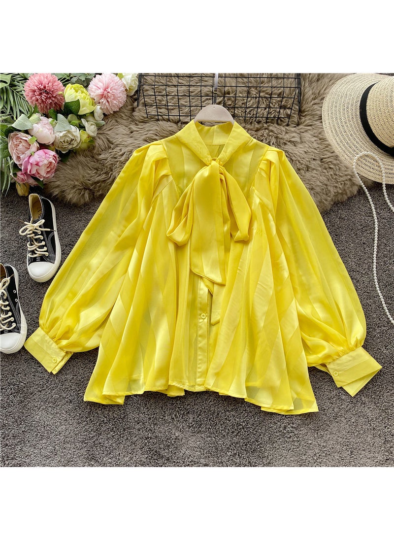 1 x 5 pcs Elegant Butterfly Knot Blouse with Lantern Sleeves for Women Yellow