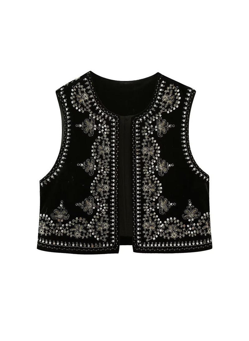 1 x 5 pcs 2022 Autumn Winter Embroidered Sequin Velvet Vest for Women Picture Color