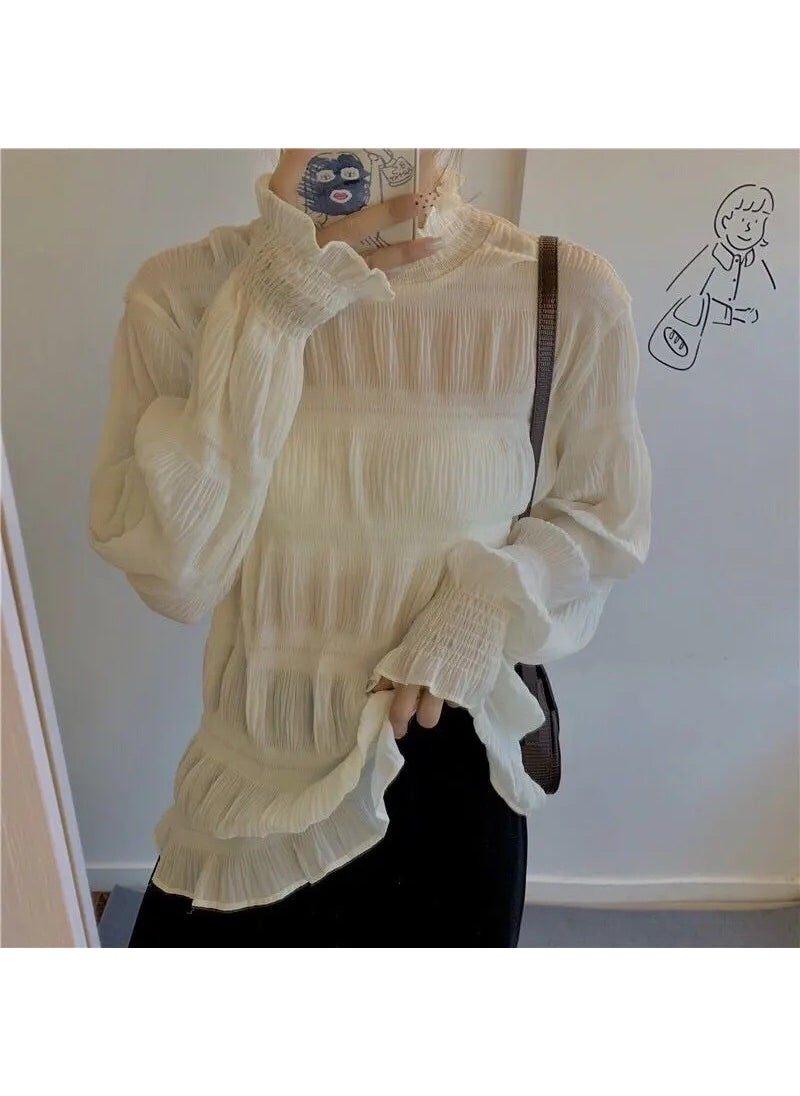 1 x 5 pcs Sweet Base Layer Chiffon Ruffled Long Sleeve Top Spring White