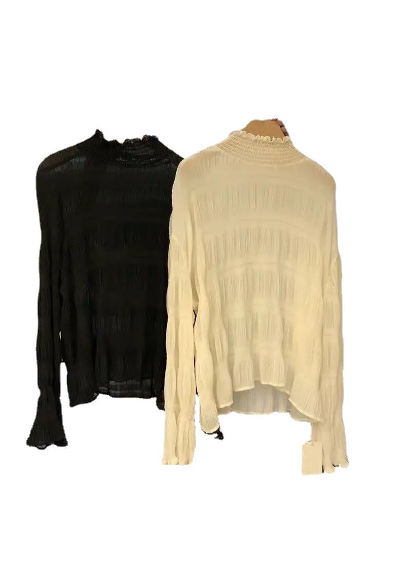 1 x 5 pcs Sweet Base Layer Chiffon Ruffled Long Sleeve Top Spring Black