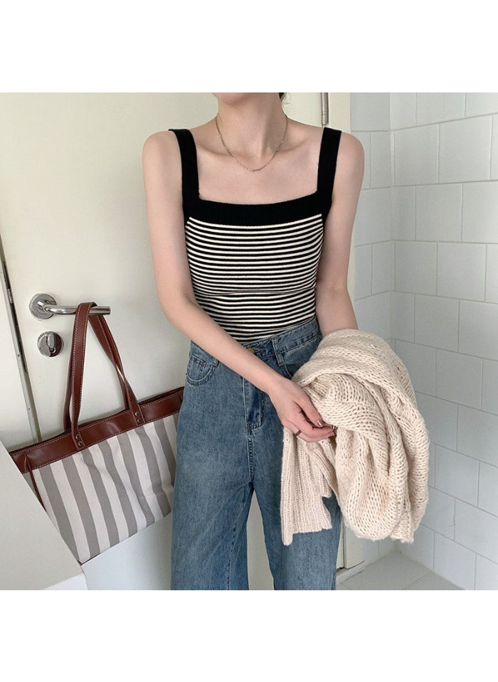 1 x 5 pcs Retro Striped Knit Camisole Women Summer 2023 Black