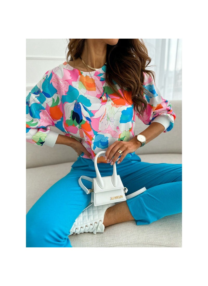 1 x 5 pcs 2023 New Printed Lace Chiffon Shirt for Women Lake Blue