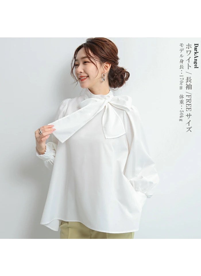 2023 Spring Japanese Lantern Sleeve Chiffon Blouse with Bow Navy