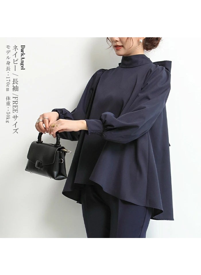 2023 Spring Japanese Lantern Sleeve Chiffon Blouse with Bow Navy