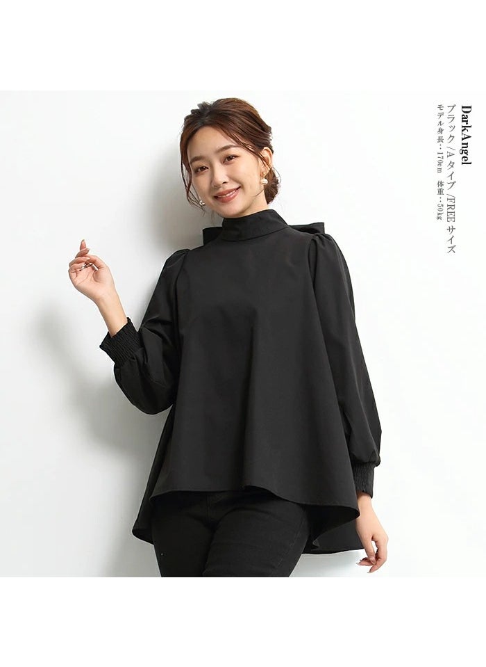 2023 Spring Japanese Lantern Sleeve Chiffon Blouse with Bow Navy